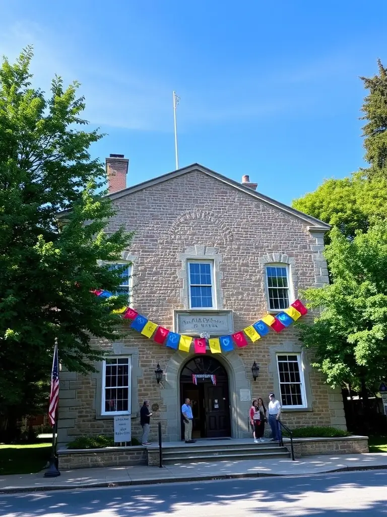 A photograph of the exterior of a historic building in Chauny, France, decorated with banners announcing an upcoming heritage festival.