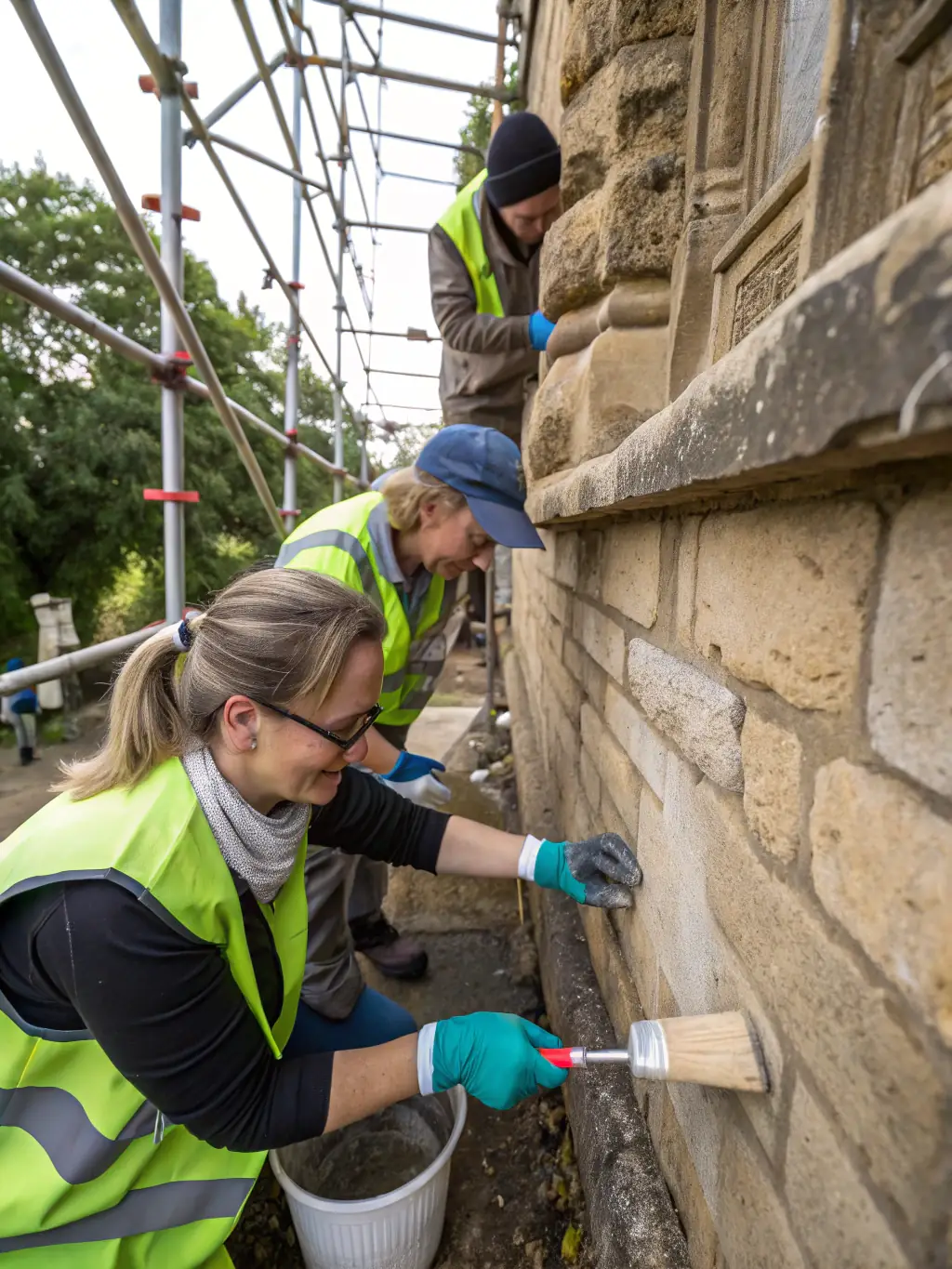 A photograph of volunteers working on the restoration of a historical building in Chauny, showcasing the society's commitment to preserving tangible heritage.