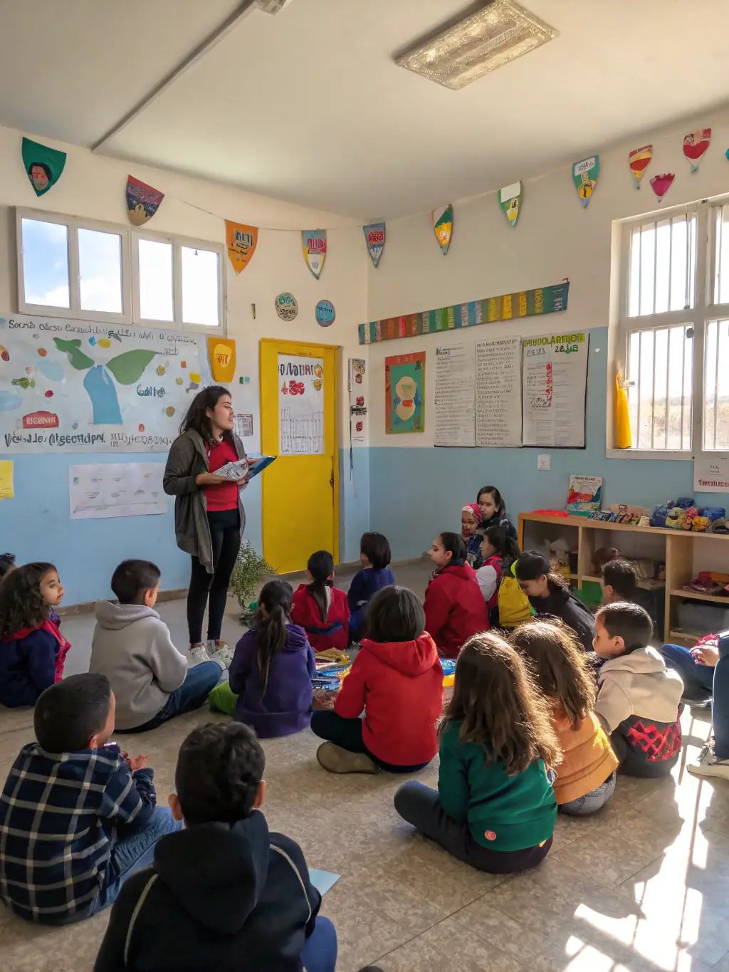 A photograph depicting an educational heritage workshop in a Chaunois school, with students actively participating in hands-on activities related to local history and traditions.