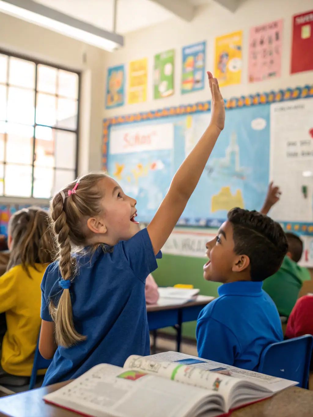 A classroom setting with children participating in a workshop on local history, led by a historian.