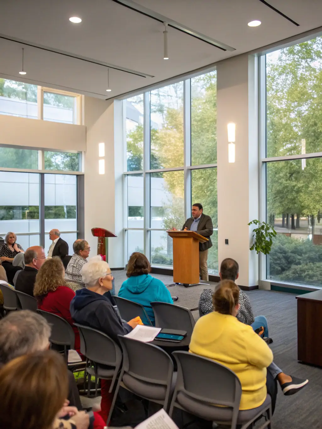 A group of people attending a lecture inside a historic hall, with a speaker presenting on the history of the Chaunois region.