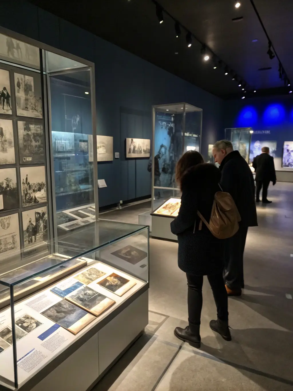 A photograph capturing a vibrant historical exhibition in Chauny, showcasing artifacts and documents from the region's past, with visitors actively engaging with the displays.